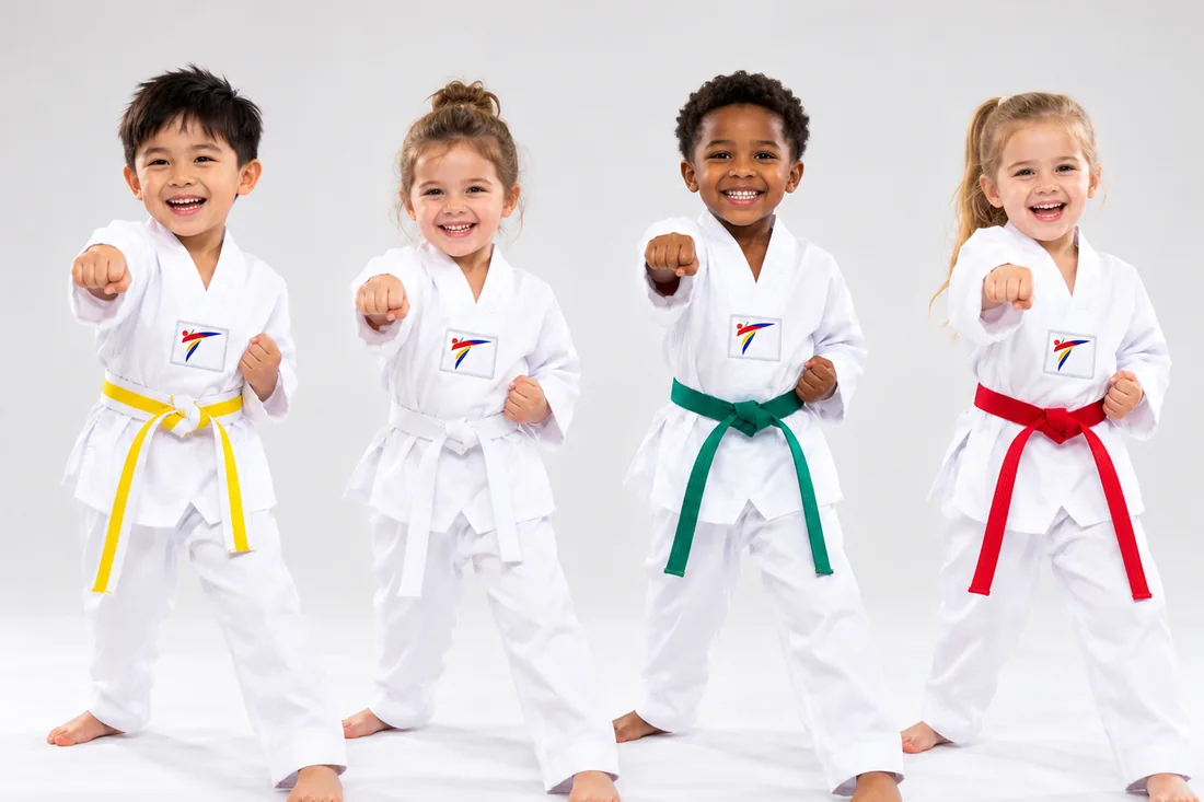 Four young children in white doboks with yellow, white, green and red belts, punching