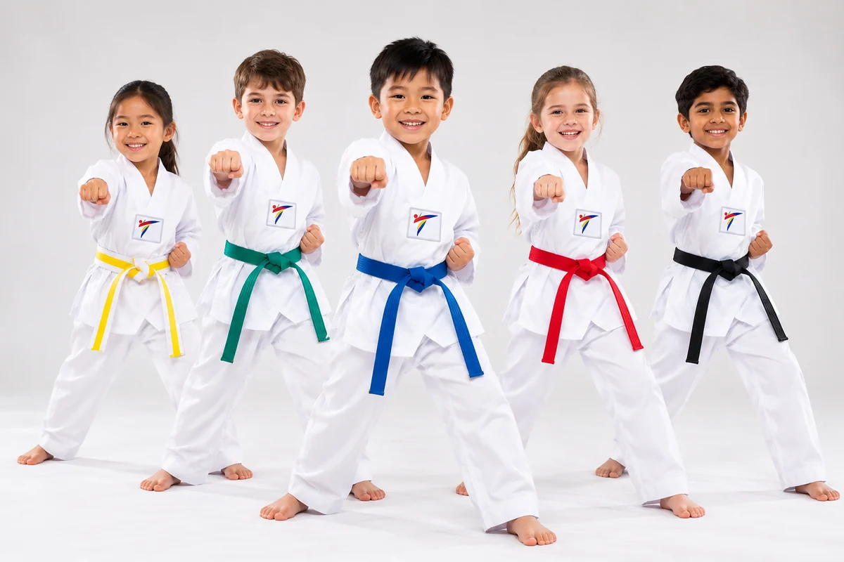 Five children in white doboks with yellow, green, blue, red and black belts, punching together