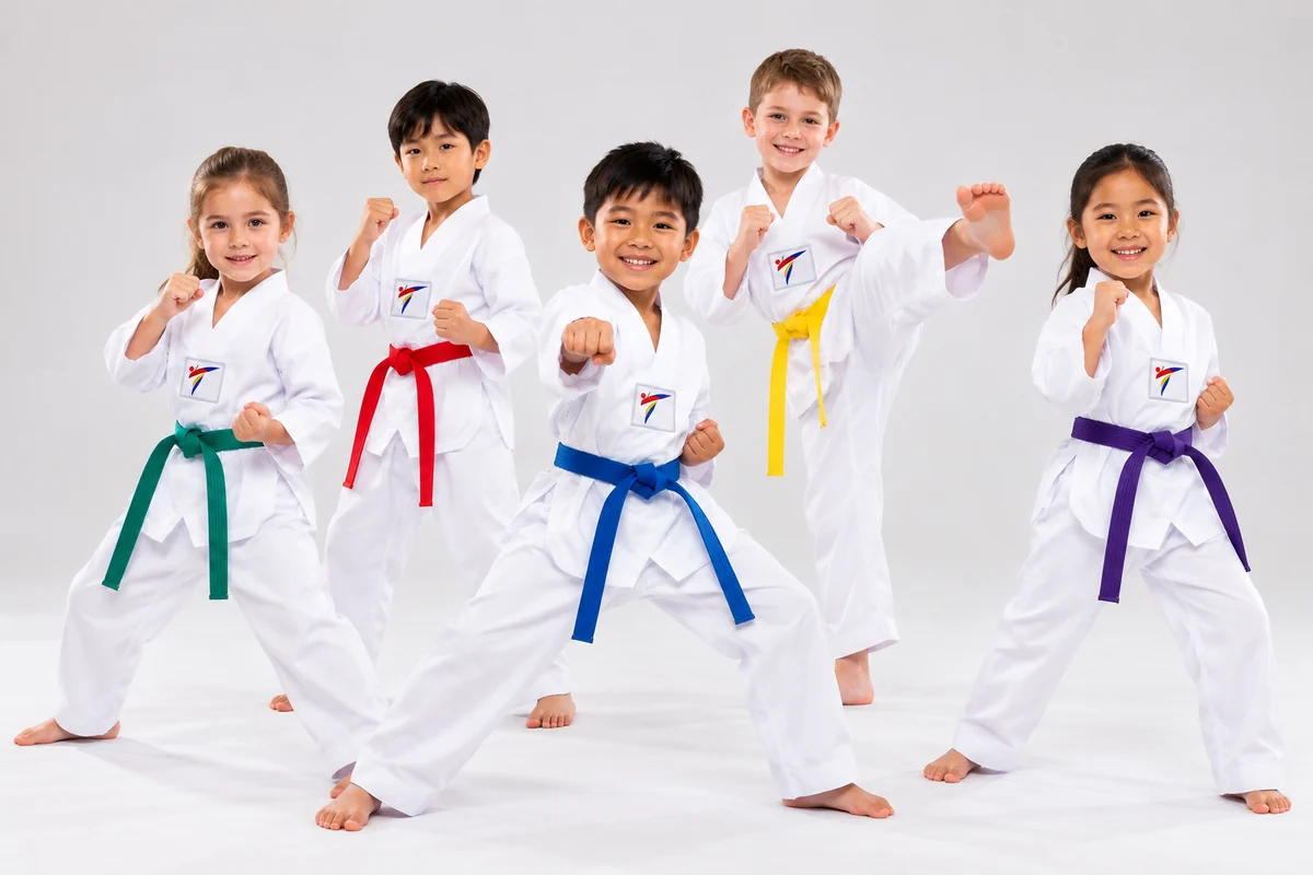 Five children in white doboks and coloured belts, one mid side-kick