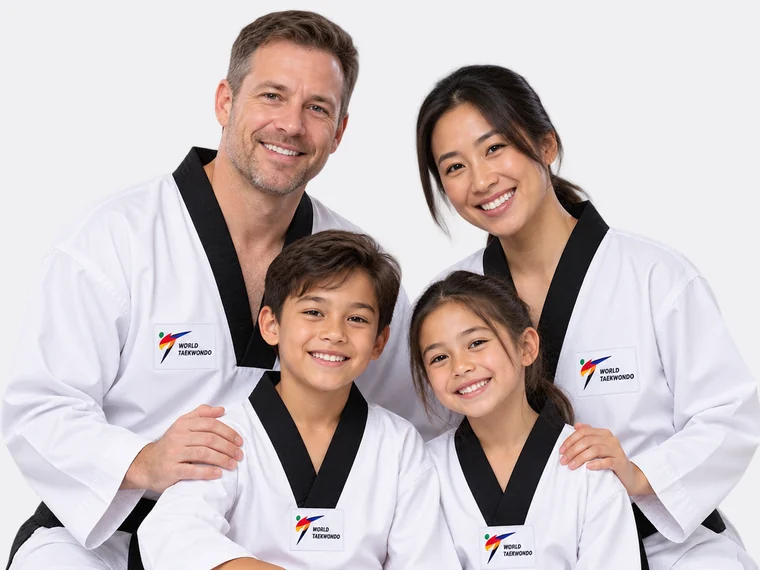 Two parents and two children in white doboks seated together