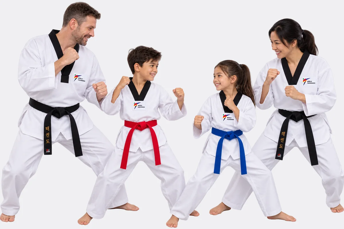 A family of four facing each other in taekwondo stances