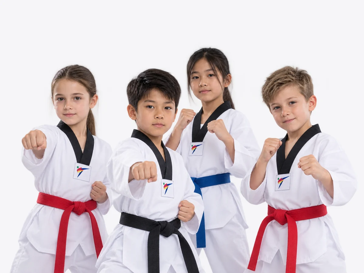 Four children in white doboks with red, black and blue belts in a guarding stance