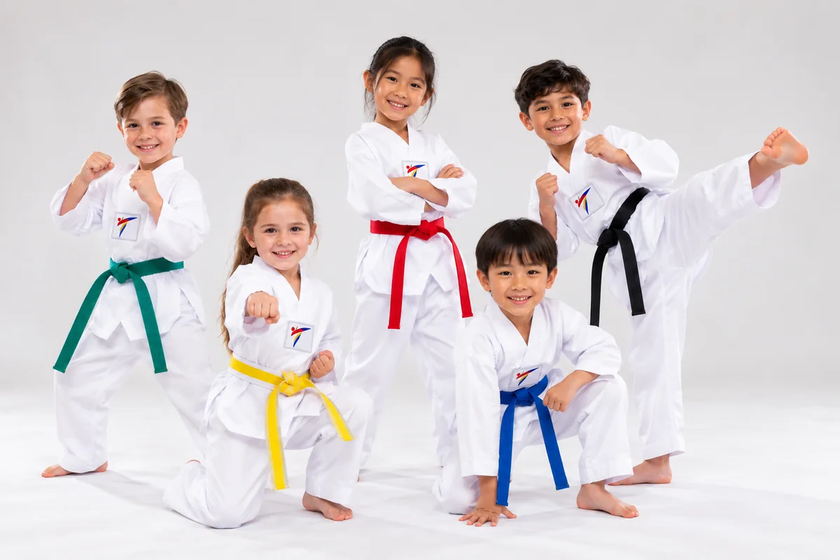 Five children in white doboks and coloured belts in taekwondo stances