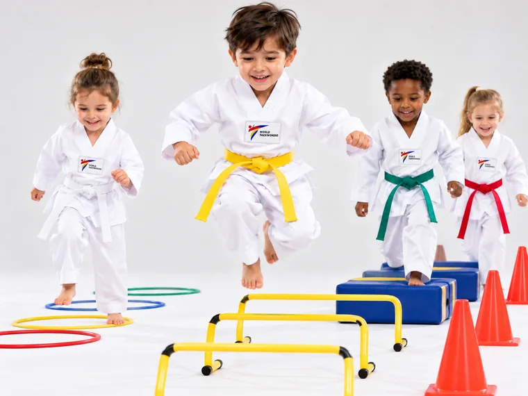 Four young children in white doboks jumping over hurdles in a taekwondo class