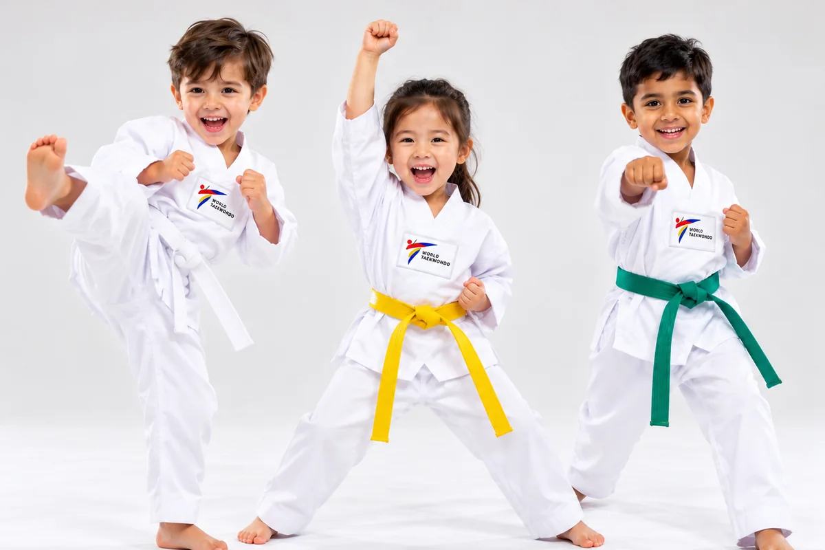 Three young children in white doboks, one mid front-kick