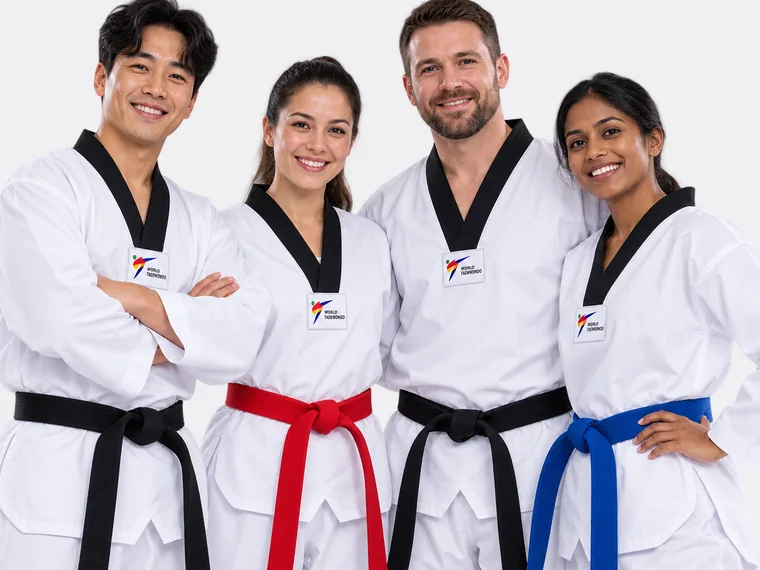 Four adult taekwondo students in white doboks with black, red and blue belts