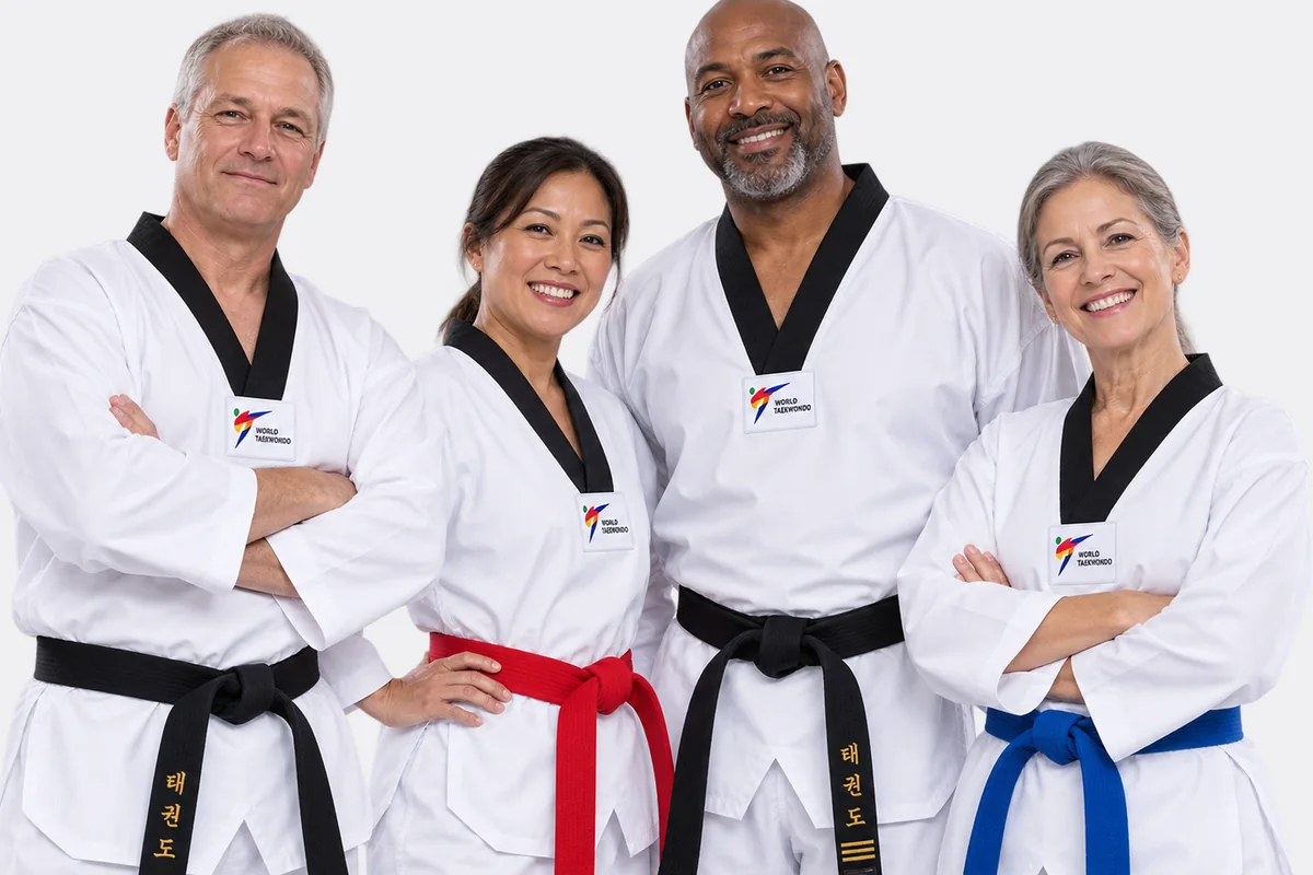 Four adult taekwondo students, two of them grey-haired, in white doboks and black, red and blue belts